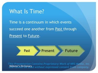 This Presentation Contains Proprietary Work of NRS Media, Inc.
and cannot be used without expressed consent from company.
What Is Time?
Time is a continuum in which events
succeed one another from Past through
Present to Future.
Webster’s Dictionary
 