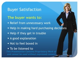 This Presentation Contains Proprietary Work of NRS Media, Inc.
and cannot be used without expressed consent from company.
Buyer Satisfaction
The buyer wants to:
 Relief from unnecessary work
 Help in making hard purchasing decisions
 Help if they get in trouble
 A good explanation
 Not to feel boxed in
 To be listened to
 