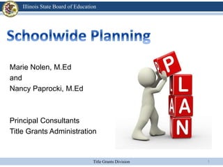 Title Grants Division
Illinois State Board of Education
Marie Nolen, M.Ed
and
Nancy Paprocki, M.Ed
Principal Consultants
Title Grants Administration
1
 