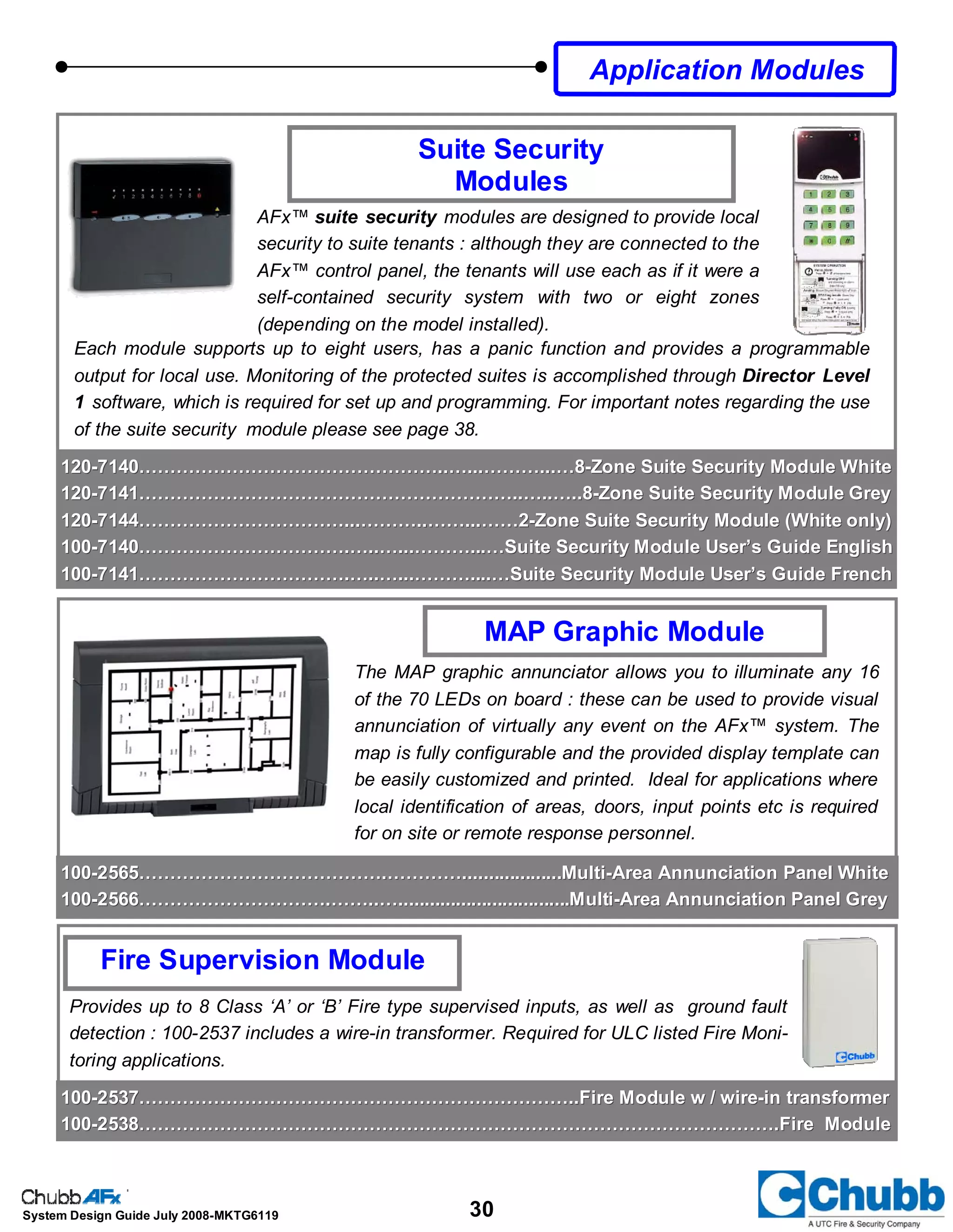30System Design Guide July 2008-MKTG6119
Suite Security
Modules
Each module supports up to eight users, has a panic function and provides a programmable
output for local use. Monitoring of the protected suites is accomplished through Director Level
1 software, which is required for set up and programming. For important notes regarding the use
of the suite security module please see page 38.
MAP Graphic Module
The MAP graphic annunciator allows you to illuminate any 16
of the 70 LEDs on board : these can be used to provide visual
annunciation of virtually any event on the AFx™ system. The
map is fully configurable and the provided display template can
be easily customized and printed. Ideal for applications where
local identification of areas, doors, input points etc is required
for on site or remote response personnel.
AFx™ suite security modules are designed to provide local
security to suite tenants : although they are connected to the
AFx™ control panel, the tenants will use each as if it were a
self-contained security system with two or eight zones
(depending on the model installed).
Application Modules
120120--7140…………………………………………..…...………...…87140…………………………………………..…...………...…8--Zone Suite Security Module WhiteZone Suite Security Module White
120120--7141……………………………………………………..…..…..87141……………………………………………………..…..…..8--Zone Suite Security Module GreyZone Suite Security Module Grey
120120--7144……………………………...………..……...……27144……………………………...………..……...……2--Zone Suite Security Module (White only)Zone Suite Security Module (White only)
100100--7140…………………………….…..…...………...…Suite Security Module User’s Guide English7140…………………………….…..…...………...…Suite Security Module User’s Guide English
100100--7141…………………………….…..…...………....…Suite Security Module User’s Guide French7141…………………………….…..…...………....…Suite Security Module User’s Guide French
100100--2565………………………………….…………...................Multi2565………………………………….…………...................Multi--Area Annunciation Panel WhiteArea Annunciation Panel White
100100--2566………………………….……..….................................Multi2566………………………….……..….................................Multi--Area Annunciation Panel GreyArea Annunciation Panel Grey
Fire Supervision Module
Provides up to 8 Class ‘A’ or ‘B’ Fire type supervised inputs, as well as ground fault
detection : 100-2537 includes a wire-in transformer. Required for ULC listed Fire Moni-
toring applications.
100100--2537……………………………………………………………..Fire Module w / wire2537……………………………………………………………..Fire Module w / wire--in transformerin transformer
100100--2538………………………………………………………………………………………….Fire Module2538………………………………………………………………………………………….Fire Module
 