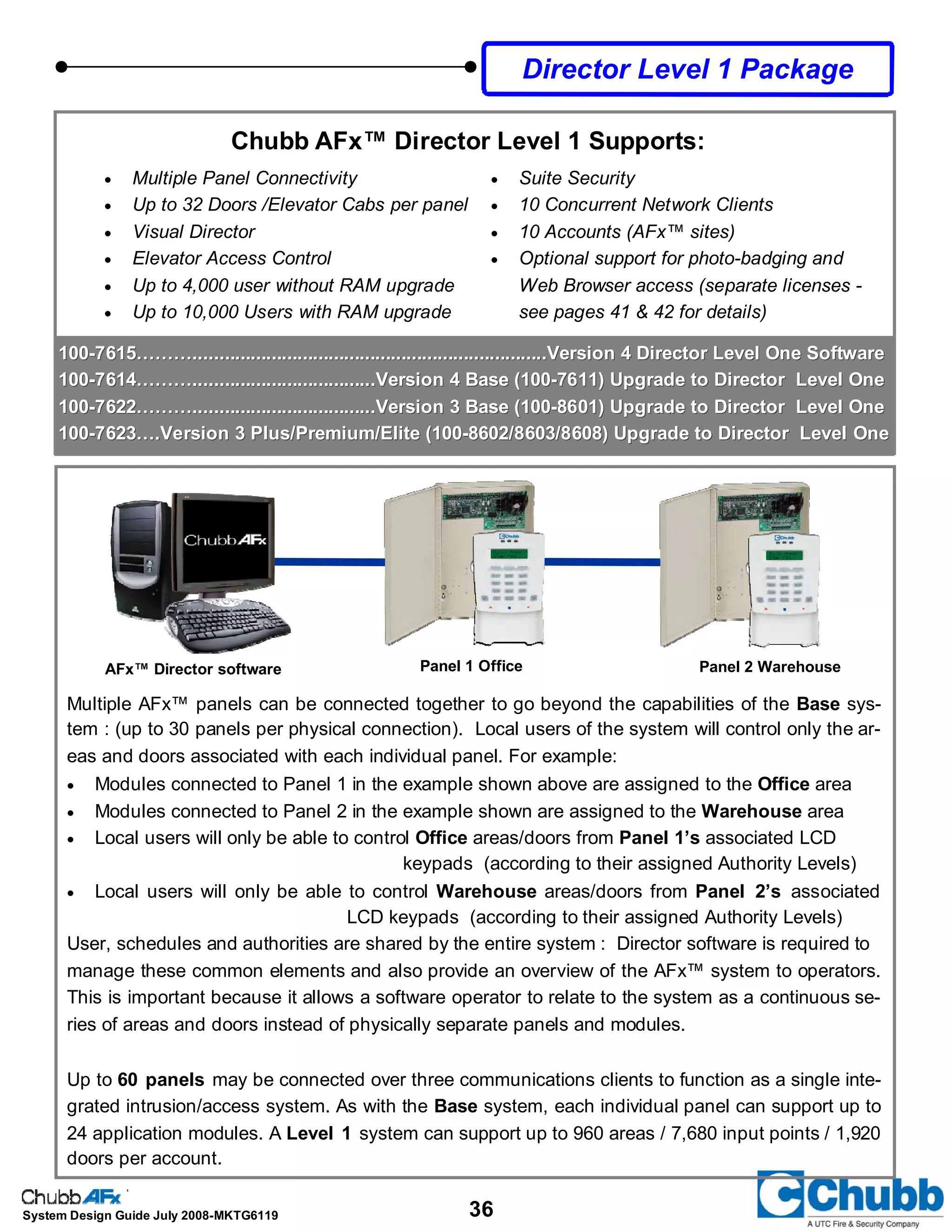36System Design Guide July 2008-MKTG6119
MULTIPLE PANEL CONNECTIVITY
Multiple AFx™ panels can be connected together to go beyond the capabilities of the Base sys-
tem : (up to 30 panels per physical connection). Local users of the system will control only the ar-
eas and doors associated with each individual panel. For example:
• Modules connected to Panel 1 in the example shown above are assigned to the Office area
• Modules connected to Panel 2 in the example shown are assigned to the Warehouse area
• Local users will only be able to control Office areas/doors from Panel 1’s associated LCD
keypads (according to their assigned Authority Levels)
• Local users will only be able to control Warehouse areas/doors from Panel 2’s associated
LCD keypads (according to their assigned Authority Levels)
User, schedules and authorities are shared by the entire system : Director software is required to
manage these common elements and also provide an overview of the AFx™ system to operators.
This is important because it allows a software operator to relate to the system as a continuous se-
ries of areas and doors instead of physically separate panels and modules.
Up to 60 panels may be connected over three communications clients to function as a single inte-
grated intrusion/access system. As with the Base system, each individual panel can support up to
24 application modules. A Level 1 system can support up to 960 areas / 7,680 input points / 1,920
doors per account.
AFx™ Director software Panel 1 Office Panel 2 Warehouse
Director Level 1 Package
• Multiple Panel Connectivity
• Up to 32 Doors /Elevator Cabs per panel
• Visual Director
• Elevator Access Control
• Up to 4,000 user without RAM upgrade
• Up to 10,000 Users with RAM upgrade
• Suite Security
• 10 Concurrent Network Clients
• 10 Accounts (AFx™ sites)
• Optional support for photo-badging and
Web Browser access (separate licenses -
see pages 41 & 42 for details)
Chubb AFx™ Director Level 1 Supports:
100100--7615………....................................................................Version 4 Director Level One Software7615………....................................................................Version 4 Director Level One Software
100100--7614………...................................Version 4 Base (1007614………...................................Version 4 Base (100--7611) Upgrade to Director Level One7611) Upgrade to Director Level One
100100--7622………...................................Version 3 Base (1007622………...................................Version 3 Base (100--8601) Upgrade to Director Level One8601) Upgrade to Director Level One
100100--7623….Version 3 Plus/Premium/Elite (1007623….Version 3 Plus/Premium/Elite (100--8602/8603/8608) Upgrade to Director Level One8602/8603/8608) Upgrade to Director Level One
 