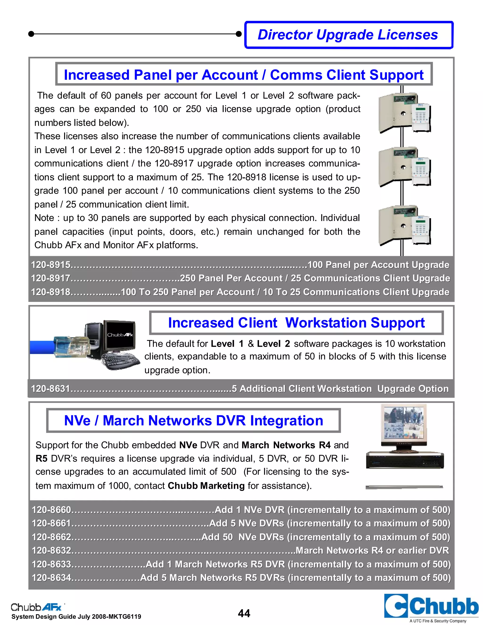 44System Design Guide July 2008-MKTG6119
Director Upgrade Licenses
Increased Panel per Account / Comms Client Support
The default of 60 panels per account for Level 1 or Level 2 software pack-
ages can be expanded to 100 or 250 via license upgrade option (product
numbers listed below).
These licenses also increase the number of communications clients available
in Level 1 or Level 2 : the 120-8915 upgrade option adds support for up to 10
communications client / the 120-8917 upgrade option increases communica-
tions client support to a maximum of 25. The 120-8918 license is used to up-
grade 100 panel per account / 10 communications client systems to the 250
panel / 25 communication client limit.
Note : up to 30 panels are supported by each physical connection. Individual
panel capacities (input points, doors, etc.) remain unchanged for both the
Chubb AFx and Monitor AFx platforms.
120120--8915…………………………………………………………......….100 Panel per Account Upgrade8915…………………………………………………………......….100 Panel per Account Upgrade
120120--8917……………………………..250 Panel Per Account / 25 Communications Client Upgrade8917……………………………..250 Panel Per Account / 25 Communications Client Upgrade
120120--8918………........100 To 250 Panel per Account / 10 To 25 Communications Client Upgrade8918………........100 To 250 Panel per Account / 10 To 25 Communications Client Upgrade
The default for Level 1 & Level 2 software packages is 10 workstation
clients, expandable to a maximum of 50 in blocks of 5 with this license
upgrade option.
Increased Client Workstation Support
120120--8631……………………………………….......5 Additional Client Workstation Upgrade Option8631……………………………………….......5 Additional Client Workstation Upgrade Option
120120--8660……………………………...…….…Add 1 NVe DVR (incrementally to a maximum of 500)8660……………………………...…….…Add 1 NVe DVR (incrementally to a maximum of 500)
120120--8661……………………………………..Add 5 NVe DVRs (incrementally to a maximum of 500)8661……………………………………..Add 5 NVe DVRs (incrementally to a maximum of 500)
120120--8662…………………………...……...Add 50 NVe DVRs (incrementally to a maximum of 500)8662…………………………...……...Add 50 NVe DVRs (incrementally to a maximum of 500)
120120--8632……………………………………..………………….…...March Networks R4 or earlier DVR8632……………………………………..………………….…...March Networks R4 or earlier DVR
120120--8633……………….…..Add 1 March Networks R5 DVR (incrementally to a maximum of 500)8633……………….…..Add 1 March Networks R5 DVR (incrementally to a maximum of 500)
120120--8634……………….…Add 5 March Networks R5 DVRs (incrementally to a maximum of 500)8634……………….…Add 5 March Networks R5 DVRs (incrementally to a maximum of 500)
Support for the Chubb embedded NVe DVR and March Networks R4 and
R5 DVR’s requires a license upgrade via individual, 5 DVR, or 50 DVR li-
cense upgrades to an accumulated limit of 500 (For licensing to the sys-
tem maximum of 1000, contact Chubb Marketing for assistance).
NVe / March Networks DVR Integration
 