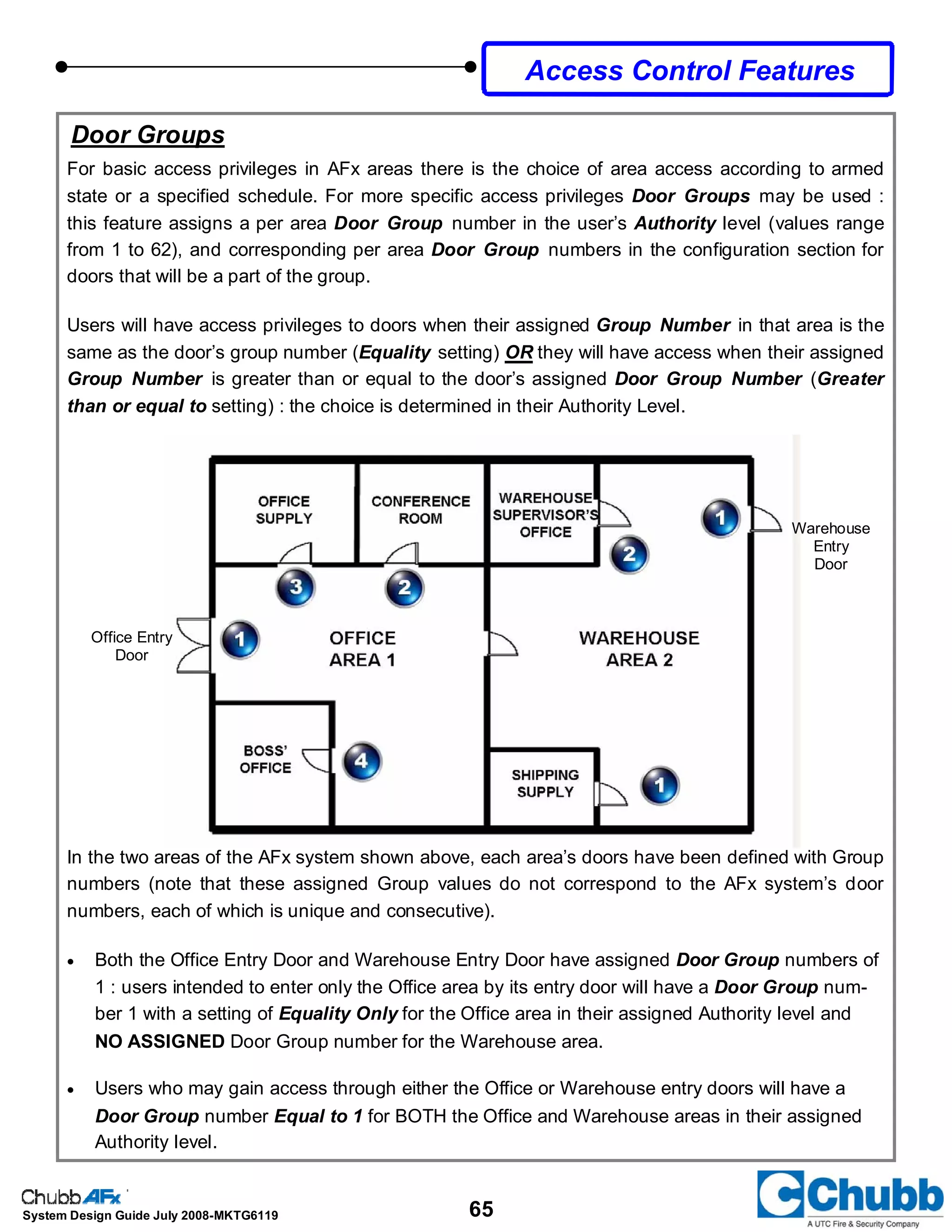 65System Design Guide July 2008-MKTG6119
Access Control Features
Door Groups
For basic access privileges in AFx areas there is the choice of area access according to armed
state or a specified schedule. For more specific access privileges Door Groups may be used :
this feature assigns a per area Door Group number in the user’s Authority level (values range
from 1 to 62), and corresponding per area Door Group numbers in the configuration section for
doors that will be a part of the group.
Users will have access privileges to doors when their assigned Group Number in that area is the
same as the door’s group number (Equality setting) OR they will have access when their assigned
Group Number is greater than or equal to the door’s assigned Door Group Number (Greater
than or equal to setting) : the choice is determined in their Authority Level.
In the two areas of the AFx system shown above, each area’s doors have been defined with Group
numbers (note that these assigned Group values do not correspond to the AFx system’s door
numbers, each of which is unique and consecutive).
• Both the Office Entry Door and Warehouse Entry Door have assigned Door Group numbers of
1 : users intended to enter only the Office area by its entry door will have a Door Group num-
ber 1 with a setting of Equality Only for the Office area in their assigned Authority level and
NO ASSIGNED Door Group number for the Warehouse area.
• Users who may gain access through either the Office or Warehouse entry doors will have a
Door Group number Equal to 1 for BOTH the Office and Warehouse areas in their assigned
Authority level.
Office Entry
Door
Warehouse
Entry
Door
 