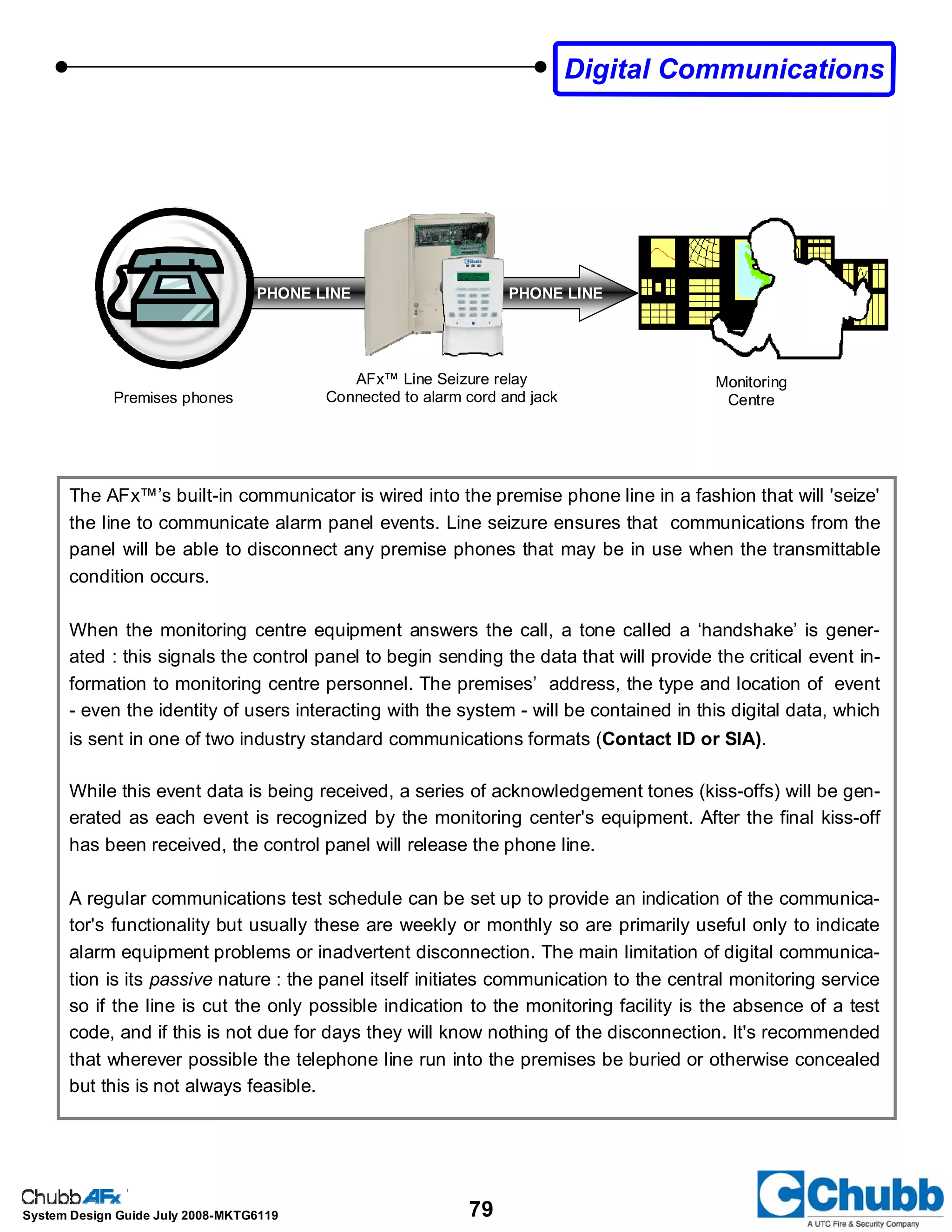 79System Design Guide July 2008-MKTG6119
Premises phones
AFx™ Line Seizure relay
Connected to alarm cord and jack
Monitoring
Centre
The AFx™’s built-in communicator is wired into the premise phone line in a fashion that will 'seize'
the line to communicate alarm panel events. Line seizure ensures that communications from the
panel will be able to disconnect any premise phones that may be in use when the transmittable
condition occurs.
When the monitoring centre equipment answers the call, a tone called a ‘handshake’ is gener-
ated : this signals the control panel to begin sending the data that will provide the critical event in-
formation to monitoring centre personnel. The premises’ address, the type and location of event
- even the identity of users interacting with the system - will be contained in this digital data, which
is sent in one of two industry standard communications formats (Contact ID or SIA).
While this event data is being received, a series of acknowledgement tones (kiss-offs) will be gen-
erated as each event is recognized by the monitoring center's equipment. After the final kiss-off
has been received, the control panel will release the phone line.
A regular communications test schedule can be set up to provide an indication of the communica-
tor's functionality but usually these are weekly or monthly so are primarily useful only to indicate
alarm equipment problems or inadvertent disconnection. The main limitation of digital communica-
tion is its passive nature : the panel itself initiates communication to the central monitoring service
so if the line is cut the only possible indication to the monitoring facility is the absence of a test
code, and if this is not due for days they will know nothing of the disconnection. It's recommended
that wherever possible the telephone line run into the premises be buried or otherwise concealed
but this is not always feasible.
PHONE LINEPHONE LINE
Digital Communications
 