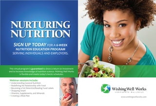 This virtual program is guaranteed to show a return on investment
and to increase knowledge of nutrition science. Wishing Well Works
is flexible and meets today’s hectic schedules.
WishingWell Works
C O R P O R A T E W E L L N E S S
NURTURING
NUTRITION
SIGN UP TODAY FOR A 6-WEEK
NUTRITION EDUCATION PROGRAM
SERVING INDIVIDUALS AND EMPLOYERS.
www.wishingwellworks.com
Webinar sessions include:
• Understanding General Nutrition
• Redefining the Relationship with Food
• Becoming a Fat Detective/Reading Food Labels
• Shopping Smart
• Vitamins, Supplements, and Minerals
• Creating a Meal Plan
 