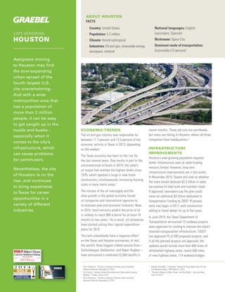 CITY SYNOPSIS:
HOUSTON
Assignees moving
to Houston may ﬁnd
the ever-expanding
urban sprawl of the
fourth largest U.S.
city overwhelming.
And with a wide
metropolitan area that
has a population of
more than 2 million
people, it can be easy
to get caught up in the
hustle and bustle –
especially when it
comes to the city’s
infrastructure, which
can cause problems
for commuters.
Nevertheless, the city
of Houston is on the
rise, and continues
to bring expatriates
toTexas for career
opportunities in a
variety of different
industries.
ABOUT HOUSTON
FACTS
> Country: United States
> Population: 2.2 million
> Climate: Humid subtropical
> Industries: Oil and gas, renewable energy,
aerospace, medical
> National languages: English
(secondary: Spanish)
> Nickname: Space City
> Dominant mode of transportation:
Automobile (72-percent)
ECONOMIC TRENDS
The oil and gas industry was responsible for
between 11.7-percent and 13.5-percent of the
economic activity in Texas in 2013, depending
on the analyst.1
The Texas economy has been on the rise for
the last several years. Due mainly in part to the
unconventional oil boom in 2014, the state’s
oil output had reached the highest levels since
1976, which sparked a surge in new home
construction, simultaneously increasing housing
costs in many metro areas.2
The volume of the oil oversupply and the
slow growth in the global economy forced
oil companies and international agencies to
re-evaluate year-end economic forecasts. Now
in 2015, most revisions predict the price of oil
is unlikely to reach $85 a barrel for at least 18
months to two years.3
As a result, oil companies
have started cutting their capital expenditure
plans for 2015.
This will undoubtedly have a negative effect
on the Texas and Houston economies. In fact,
the world’s three biggest oilﬁeld service ﬁrms –
Schlumberger, Halliburton, and Baker Hughes –
have announced a combined 22,000 layoffs in
recent months. Those job cuts are worldwide,
but many are falling in Houston, where all three
companies have headquarters.4
INFRASTRUCTURE
IMPROVEMENTS
Houston’s ever-growing population requires
better infrastructure even as state funding
remains limited. However, long-term
infrastructure improvements are in the works.
In November 2015, Texans will vote on whether
the state should dedicate $2.5 billion in sales
tax revenue to help build and maintain roads.
If approved, lawmakers say the plan could
mean an additional $3 billion dedicated to
transportation funding by 2020.5
If passed,
work may begin in 2017, with construction
adding to travel delays for up to ﬁve years.
In June 2015, the Texas Department of
Transportation announced 13 roadway projects
were approved for funding to improve the state’s
stressed transportation infrastructure. TxDOT
has approved 75 of 200 proposed projects, and
if all the planned projects are approved, the
updates would include more than 800 miles of
refurbished highway lanes, nearly 500 miles
of new highway lanes, 114 widened bridges,
1
Chris Tomlinson. “Turmoil is coming to Houston area’s economy.”
Houston Chronicle, December 23, 2014.
2
Erin Carlyle. “America’s Most Overvalued and Undervalued Housing
Markets.” Forbes, June 8, 2015.
3
Chris Tomlinson. “Turmoil is coming to Houston area’s economy.”
Houston Chronicle, December 23, 2014.
4
Andrew Schneider. “In Houston, Falling Oil Prices Spark Fears Of Job
Cuts Beyond Energy.” NPR, March 2, 2015.
5
“Houston’s Mayor on Race, Roads, and Gay Rights.” Here and Now,
June 24, 2015.
Baker’sDozen
CustomerSatisfactionRatings
2015 Winner
RELOCATION
 