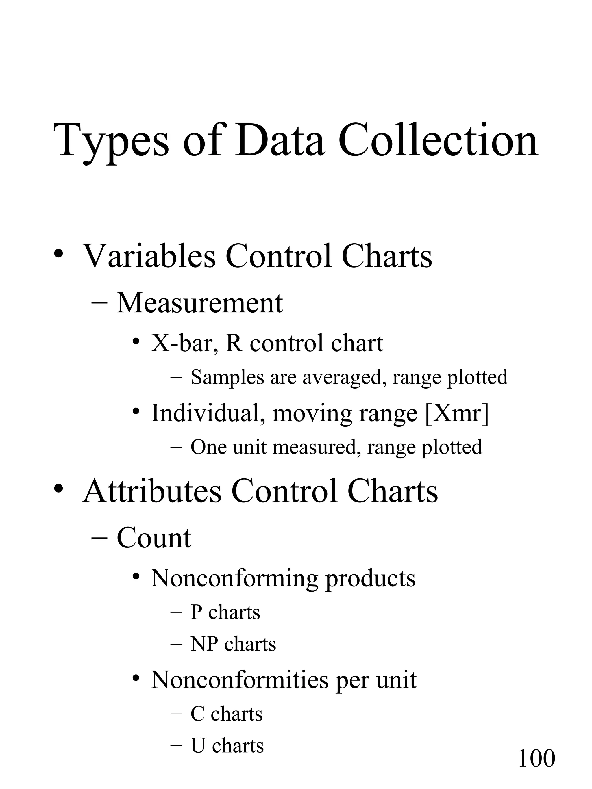 Types of Data Collection
• Variables Control Charts
– Measurement
• X-bar, R control chart
– Samples are averaged, range plotted
• Individual, moving range [Xmr]
– One unit measured, range plotted
• Attributes Control Charts
– Count
• Nonconforming products
– P charts
– NP charts
• Nonconformities per unit
– C charts
– U charts
100
 