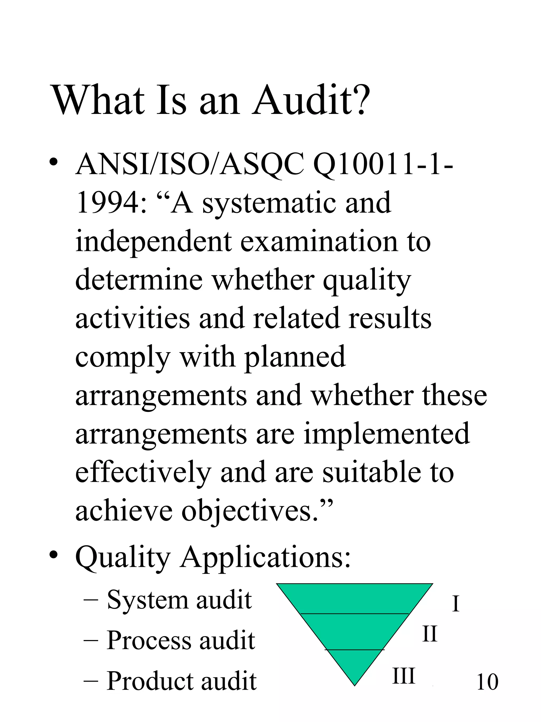 What Is an Audit?
• ANSI/ISO/ASQC Q10011-1-
1994: “A systematic and
independent examination to
determine whether quality
activities and related results
comply with planned
arrangements and whether these
arrangements are implemented
effectively and are suitable to
achieve objectives.”
• Quality Applications:
– System audit
– Process audit
– Product audit 10
I
II
III
 