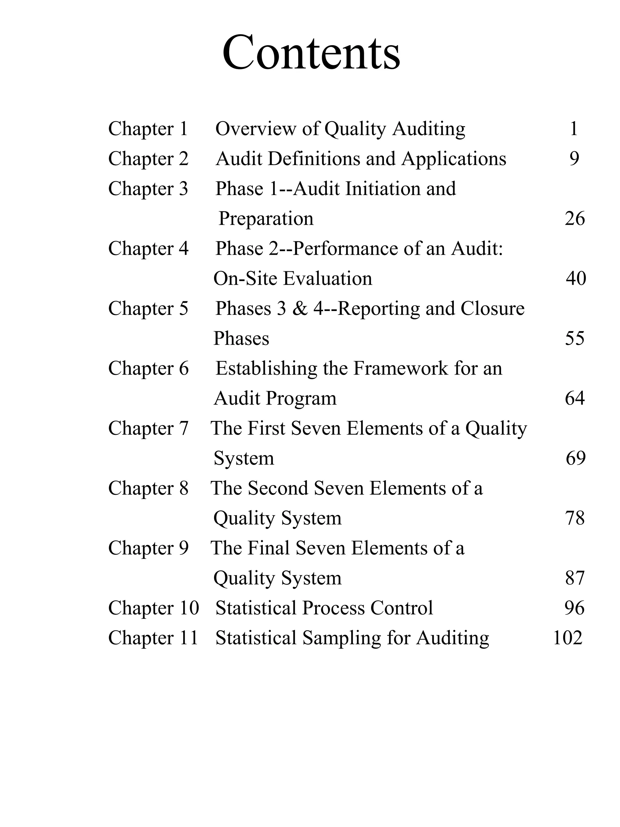Contents
Chapter 1 Overview of Quality Auditing 1
Chapter 2 Audit Definitions and Applications 9
Chapter 3 Phase 1--Audit Initiation and
Preparation 26
Chapter 4 Phase 2--Performance of an Audit:
On-Site Evaluation 40
Chapter 5 Phases 3 & 4--Reporting and Closure
Phases 55
Chapter 6 Establishing the Framework for an
Audit Program 64
Chapter 7 The First Seven Elements of a Quality
System 69
Chapter 8 The Second Seven Elements of a
Quality System 78
Chapter 9 The Final Seven Elements of a
Quality System 87
Chapter 10 Statistical Process Control 96
Chapter 11 Statistical Sampling for Auditing 102
 
