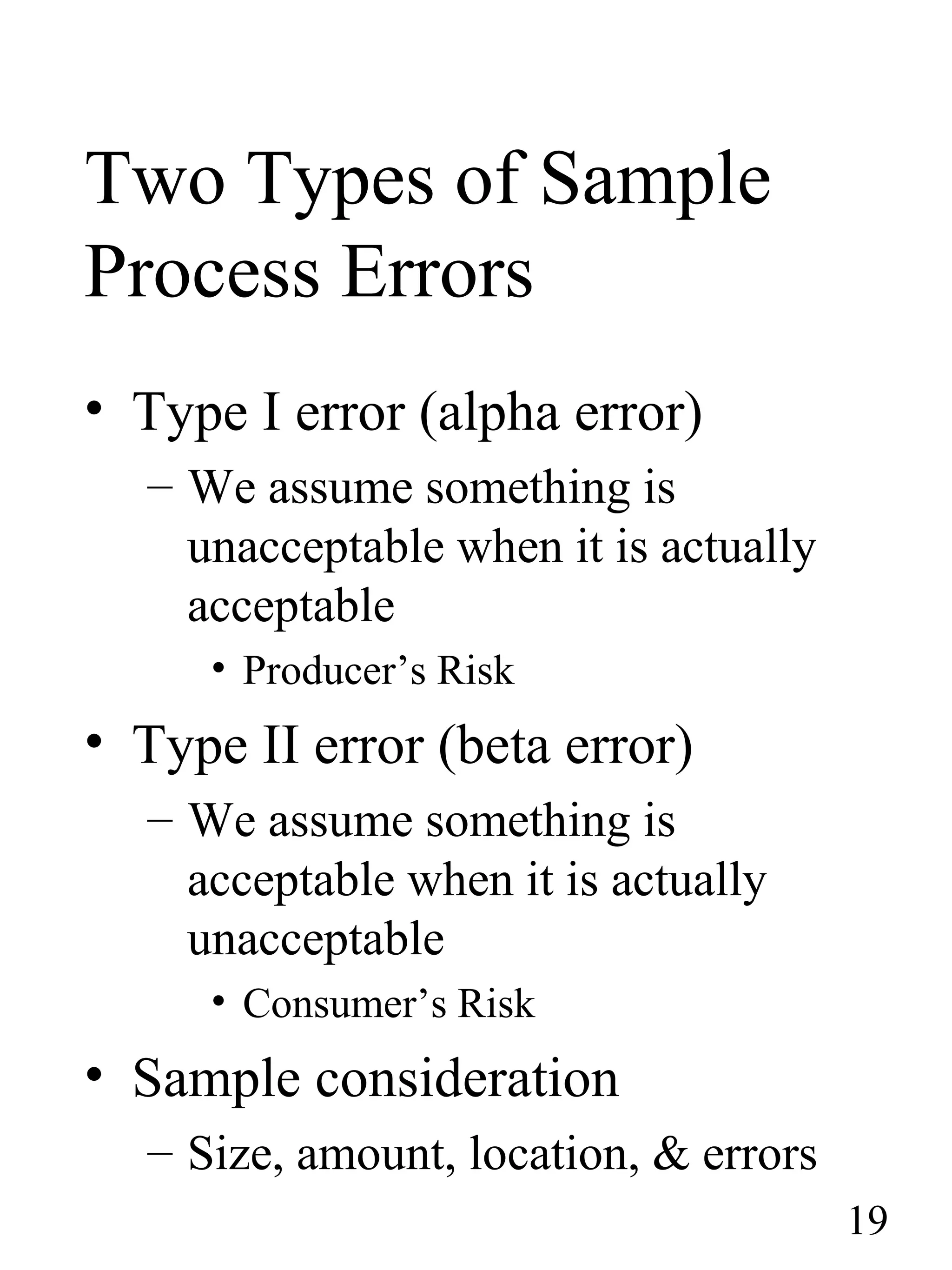 Two Types of Sample
Process Errors
• Type I error (alpha error)
– We assume something is
unacceptable when it is actually
acceptable
• Producer’s Risk
• Type II error (beta error)
– We assume something is
acceptable when it is actually
unacceptable
• Consumer’s Risk
• Sample consideration
– Size, amount, location, & errors
19
 