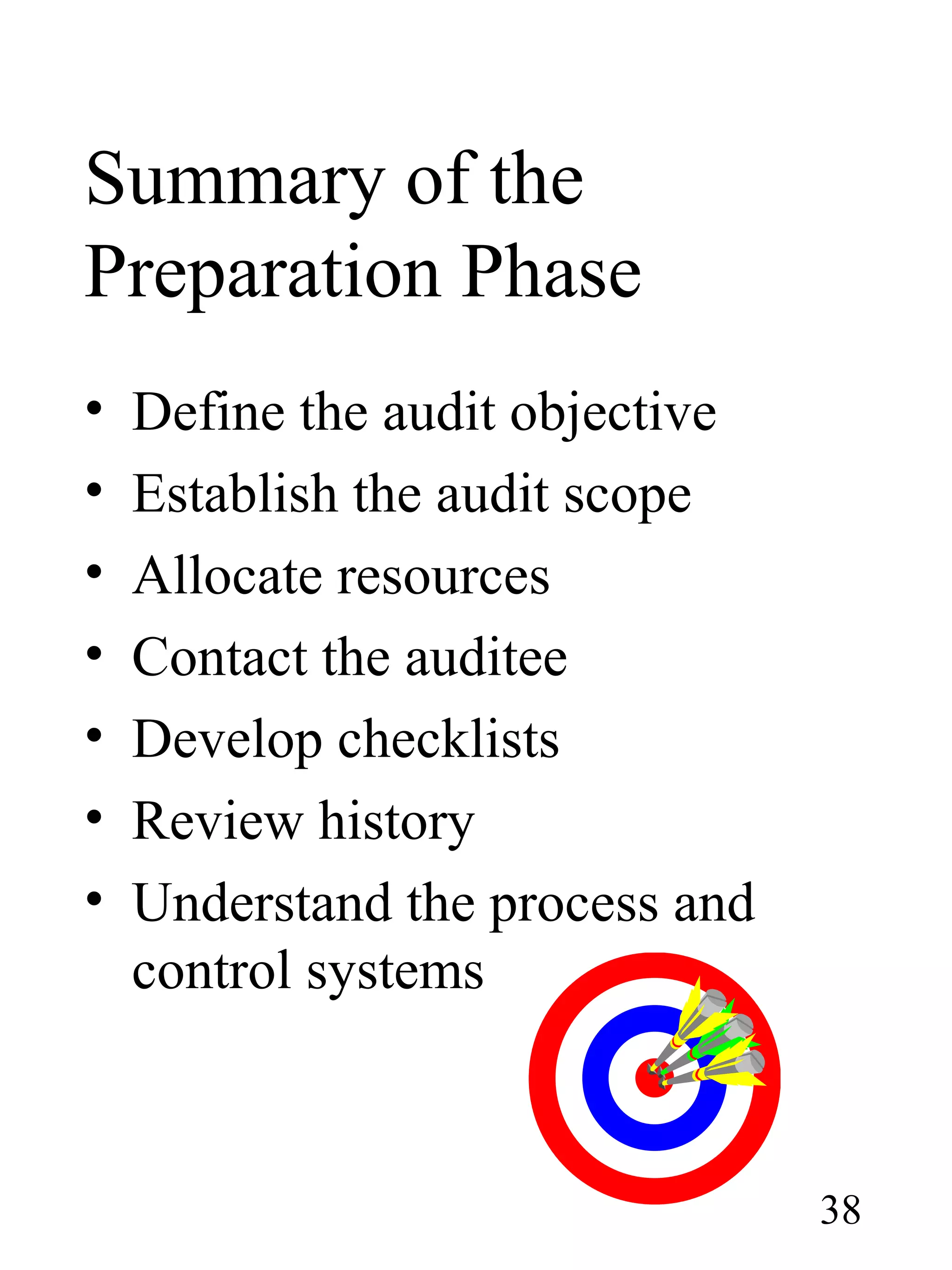 Summary of the
Preparation Phase
• Define the audit objective
• Establish the audit scope
• Allocate resources
• Contact the auditee
• Develop checklists
• Review history
• Understand the process and
control systems
38
 