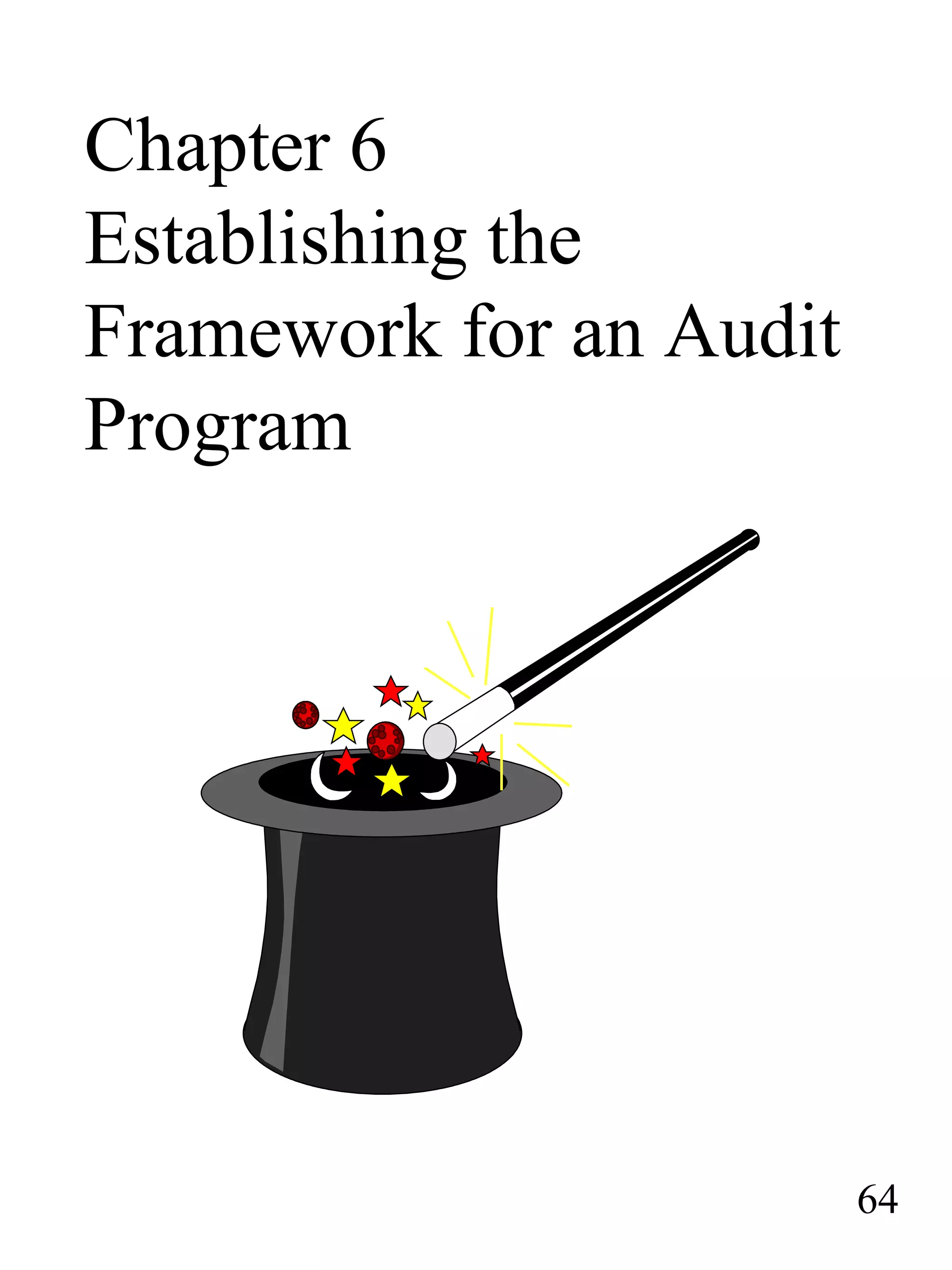 Chapter 6
Establishing the
Framework for an Audit
Program
64
 