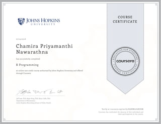 EDUCA
T
ION FOR EVE
R
YONE
CO
U
R
S
E
C E R T I F
I
C
A
TE
COURSE
CERTIFICATE
07/25/2016
Chamira Priyamanthi
Nawarathna
R Programming
an online non-credit course authorized by Johns Hopkins University and offered
through Coursera
has successfully completed
Jeff Leek, PhD; Roger Peng, PhD; Brian Caffo, PhD
Department of Biostatistics
Johns Hopkins Bloomberg School of Public Health
Verify at coursera.org/verify/K6X8W5U6BUXM
Coursera has confirmed the identity of this individual and
their participation in the course.
 