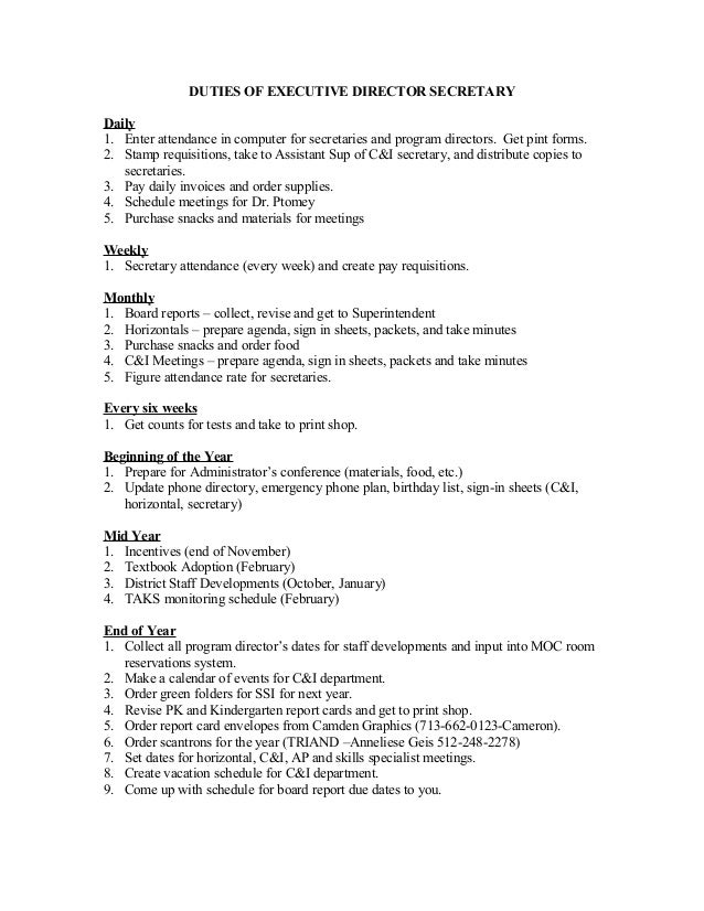 DUTIES OF EXECUTIVE DIRECTOR SECRETARY