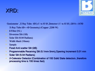 XRD:XRD:
Goniometer ,X Ray Tube (Ø1)-5 to 85 Ø ,Detector (-5 to 85 Ø ) 2Ø 0---167ØGoniometer ,X Ray Tube (Ø1)-5 to 85 Ø ,Detector (-5 to 85 Ø ) 2Ø 0---167Ø
X-Ray Tube (Ø----Ø Geometry) (Copper ,2200 W)X-Ray Tube (Ø----Ø Geometry) (Copper ,2200 W)
• ß Filter (Ni )ß Filter (Ni )
• Diversion Slit (1Ø)Diversion Slit (1Ø)
• Solar Slit (0.04 Radians)Solar Slit (0.04 Radians)
• Width Mask (10mm)Width Mask (10mm)
• SampleSample
• Fixed Anti scatter Slit (2Ø)Fixed Anti scatter Slit (2Ø)
• Programmable Receiving Slit (0.1mm-3mm),Opening Increment 0.01 mmProgrammable Receiving Slit (0.1mm-3mm),Opening Increment 0.01 mm
• Solar Slit (0.04 Radians)Solar Slit (0.04 Radians)
• X-Celerator Detector (Combination of 100 Solid State detectors ,thereforeX-Celerator Detector (Combination of 100 Solid State detectors ,therefore
processing time is 100 times fast)processing time is 100 times fast)
 