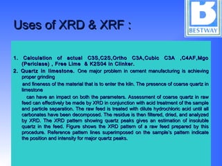 Uses of XRD & XRF :Uses of XRD & XRF :
1. Calculation of actual C3S,C2S,Ortho C3A,Cubic C3A ,C4AF,Mgo1. Calculation of actual C3S,C2S,Ortho C3A,Cubic C3A ,C4AF,Mgo
(Periclase) , Free Lime & K2S04 in Clinker.(Periclase) , Free Lime & K2S04 in Clinker.
2. Quartz in limestone.2. Quartz in limestone. One major problem in cement manufacturing is achievingOne major problem in cement manufacturing is achieving
proper grindingproper grinding
and fineness of the material that is to enter the kiln. The presence of coarse quartz inand fineness of the material that is to enter the kiln. The presence of coarse quartz in
limestonelimestone
can have an impact on both the parameters. Assessment of coarse quartz in rawcan have an impact on both the parameters. Assessment of coarse quartz in raw
feed can effectively be made by XRD in conjunction with acid treatment of the samplefeed can effectively be made by XRD in conjunction with acid treatment of the sample
and particle separation. The raw feed is treated with dilute hydrochloric acid until alland particle separation. The raw feed is treated with dilute hydrochloric acid until all
carbonates have been decomposed. The residue is then filtered, dried, and analyzedcarbonates have been decomposed. The residue is then filtered, dried, and analyzed
by XRD. The XRD pattern showing quartz peaks gives an estimation of insolubleby XRD. The XRD pattern showing quartz peaks gives an estimation of insoluble
quartz in the feed. Figure shows the XRD pattern of a raw feed prepared by thisquartz in the feed. Figure shows the XRD pattern of a raw feed prepared by this
procedure. Reference pattern lines superimposed on the sample’s pattern indicateprocedure. Reference pattern lines superimposed on the sample’s pattern indicate
the position and intensity for major quartz peaks.the position and intensity for major quartz peaks.
 