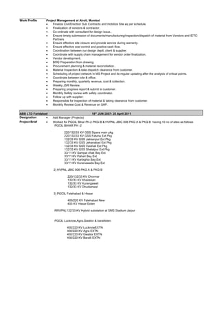 Work Profile Project Management at Airoli, Mumbai
• Finalize Civil/Erection Sub Contracts and mobilize Site as per schedule
• Finalization of vendors & contractor.
• Co-ordinate with consultant for design issue..
• Ensure timely submission of documents/manufacturing/inspection/dispatch of material from Vendors and IDTO
Partners
• Ensure effective site closure and provide service during warranty.
• Ensure effective cost control and positive cash flow.
• Coordination between our design deptt, client & supplier.
• Coordinate with supply chain management for vendor order finalization.
• Vendor development.
• BOQ Preparation from drawing.
• Procurement planning & material reconciliation..
• Material Inspection & take dispatch clearance from customer.
• Scheduling of project network in MS Project and its regular updating after the analysis of critical points.
• Coordinate between site & office.
• Preparing monthly, quarterly revenue, cost & collection.
• Weekly JSR Review.
• Preparing progress report & submit to customer.
• Monthly Safety review with safety coordinator.
• Follow up with supplier.
• Responsible for inspection of material & taking clearance from customer.
• Monthly Review Cost & Revenue on SAP.
ABB LTD Faridabad 18th
JUN 2007- 20 April 2011
Designation • Astt Manager (Projects)
Project Brief • Worked for PGCIL Bihar Ph-2 PKG-B & HVPNL JBIC 006 PKG A & PKG B having 10 no of sites as follows
PGCIL BIHAR PH -2
220/132/33 KV GSS Sipara main pkg
220/132/33 KV GSS Fatuha Ext Pkg
132/33 KV GSS Jakkanpur Ext Pkg
132/33 KV GSS Jehanabad Ext Pkg
132/33 KV GSS Vaishali Ext Pkg
132/33 KV GSS Shetalpur Ext Pkg
33/11 KV Sampat chak Bay Ext
33/11 KV Pahari Bay Ext
33/11 KV Karbighia Bay Ext
33/11 KV Kuranawada Bay Ext
2) HVPNL JBIC 006 PKG A & PKG B
220/132/33 KV Chormar
132/33 KV Khairekan
132/33 KV Kurangawali
132/33 KV Dhudianwal
3) PGCIL Fatehabad & Hissar
400/220 KV Fatehabad New
400 KV Hissar Exten
RRVPNL132/33 KV Hybrid substation at SMS Stadium Jaipur
PGCIL Lucknow,Agra,Gwalior & baraillxten
400/220 KV LucknowEXTN
400/220 KV Agra EXTN
400/220 KV Gwalior EXTN
400/220 KV Baralli EXTN
 