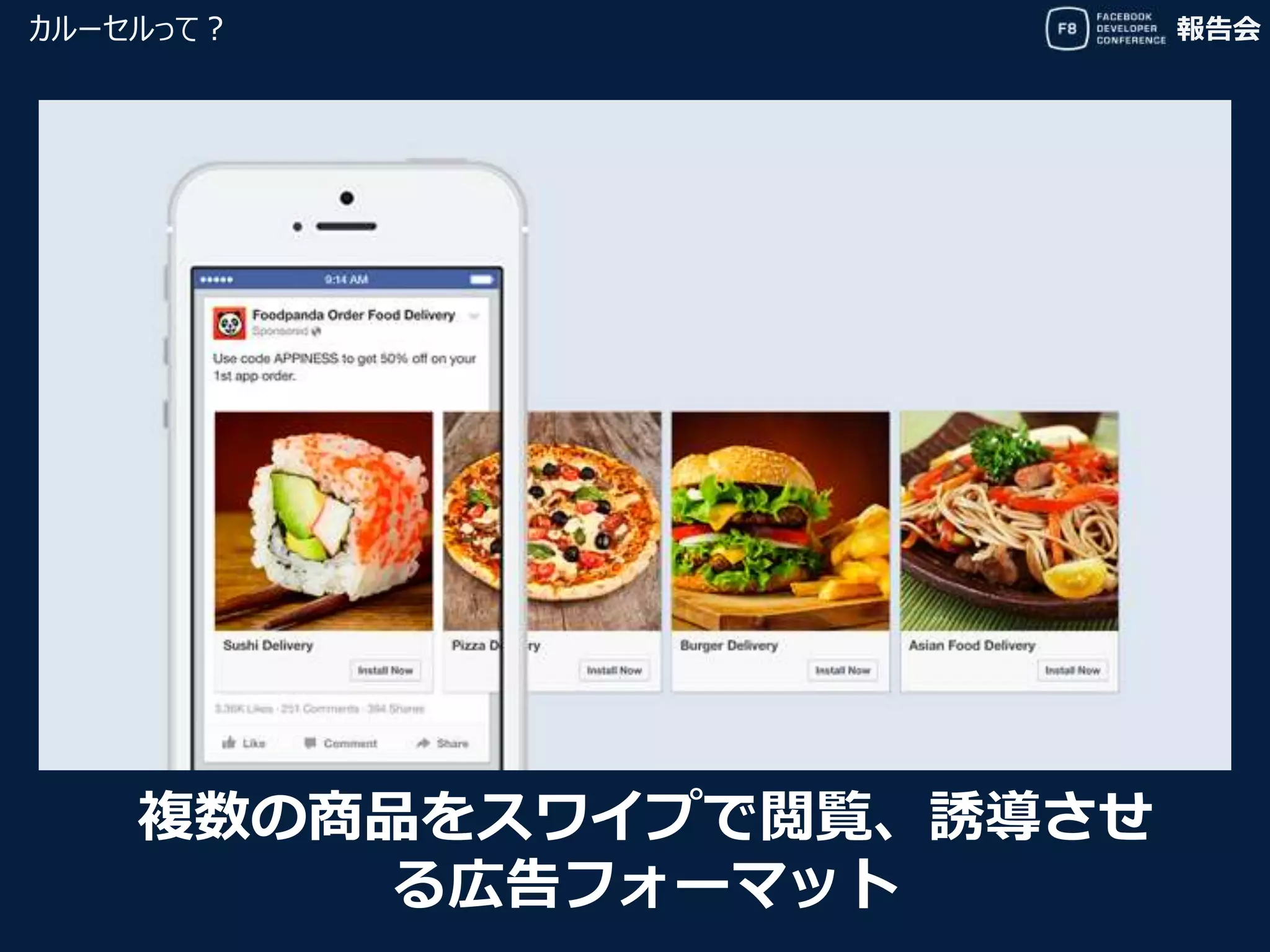 報告会カルーセルって？
複数の商品をスワイプで閲覧、誘導させ
る広告フォーマット
 