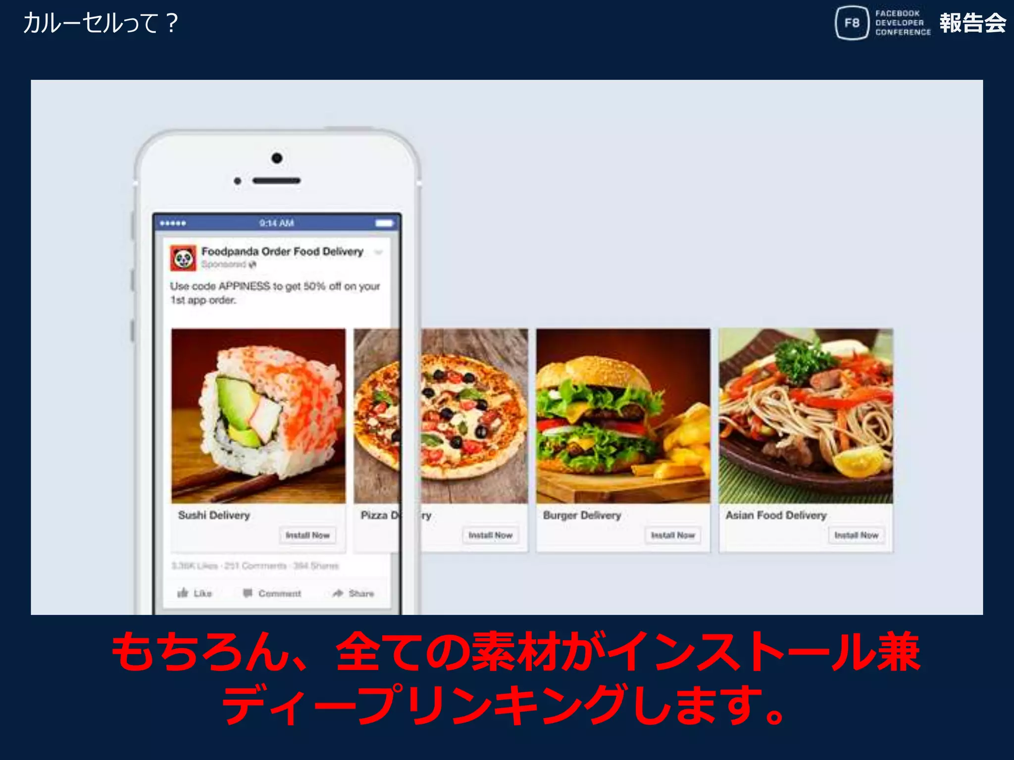 報告会カルーセルって？
もちろん、全ての素材がインストール兼
ディープリンキングします。
 