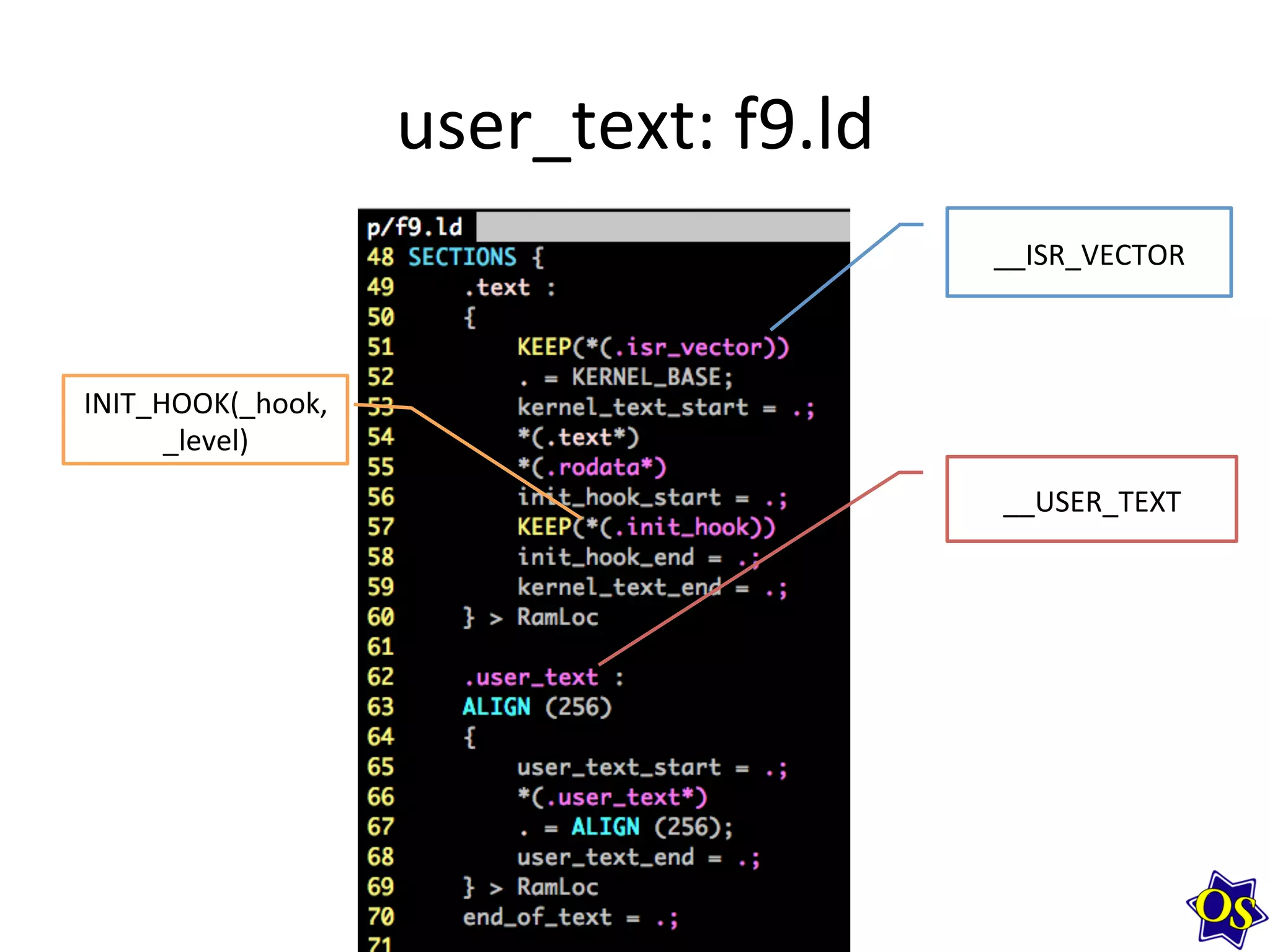 user_text:	
  f9.ld	
  
__USER_TEXT	
  
__ISR_VECTOR	
  
INIT_HOOK(_hook,	
  
_level)	
  
 