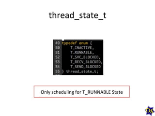 thread_state_t	
  

Only	
  scheduling	
  for	
  T_RUNNABLE	
  State	
  

 
