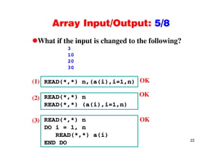 Array Input/Output: 5/8Array Input/Output: 5/8
What if the input is changed to the following?What if the input is changed to the following?
3
10
20
OK
20
30
READ(*,*) n,(a(i),i=1,n)
READ(* *) n
(1)
(2)
OK
OKREAD(*,*) n
READ(*,*) (a(i),i=1,n)
(2)
OK
READ(*,*) n
DO i = 1, n
(3) OK
22
READ(*,*) a(i)
END DO
 