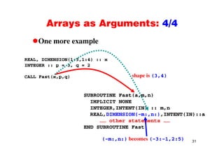 Arrays as Arguments: 4/4Arrays as Arguments: 4/4
One more exampleOne more example
REAL, DIMENSION(1:3,1:4) :: x, ( , )
INTEGER :: p = 3, q = 2
CALL Fast(x,p,q) shape is (3,4)
SUBROUTINE Fast(a,m,n)( , , )
IMPLICIT NONE
INTEGER,INTENT(IN) :: m,n
REAL DIMENSION(-m: n:) INTENT(IN)::aREAL,DIMENSION( m:,n:),INTENT(IN)::a
…… other statements ……
END SUBROUTINE Fast
31
(-m:,n:) becomes (-3:-1,2:5)
 