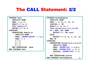 The CALL Statement: 2/2The CALL Statement: 2/2
PROGRAM Test PROGRAM SecondDegreePROGRAM Test
IMPLICIT NONE
REAL :: a, b
READ(*,*) a, b
PROGRAM SecondDegree
IMPLICIT NONE
REAL :: a, b, c, r1, r2
LOGICAL :: OK
CALL Swap(a,b)
WRITE(*,*) a, b
CONTAINS
SUBROUTINE Swap(x y)
READ(*,*) a, b, c
CALL Solver(a,b,c,r1,r2,OK)
IF (.NOT. OK) THEN
WRITE(* *) “No root”SUBROUTINE Swap(x,y)
IMPLICIT NONE
REAL, INTENT(INOUT) :: x,y
REAL :: z
WRITE(*,*) “No root”
ELSE
WRITE(*,*) a, b, c, r1, r2
END IF
z = x
x = y
y = z
END SUBROUTINE Swap
CONTAINS
SUBROUTINE Solver(a,b,c,x,y,L)
IMPLICIT NONE
REAL INTENT(IN) :: a b cEND SUBROUTINE Swap
END PROGRAM Test
REAL, INTENT(IN) :: a,b,c
REAL, INTENT(OUT) :: x, y
LOGICAL, INTENT(OUT) :: L
………
31
END SUBROUTINE Solver
END PROGRAM SecondDegree
 