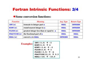 Fortran Intrinsic Functions: 3/4Fortran Intrinsic Functions: 3/4
Some conversion functions:Some conversion functions:
Function Meaning Arg. Type Return Type
INT(x) truncate to integer part x REAL INTEGERINT(x) truncate to integer part x REAL INTEGER
NINT(x) round nearest integer to x REAL INTEGER
FLOOR(x) greatest integer less than or equal to x REAL INTEGER
FRACTION(x) the fractional part of x REAL REAL
REAL(x) convert x to REAL INTEGER REAL
INT(-3.5) -3
NINT(3.5) 4Examples:
NINT(-3.4) -3
FLOOR(3.6) 3
FLOOR(-3.5) -4
C O (12 3) 0 3
33
FRACTION(12.3) 0.3
REAL(-10) -10.0
 