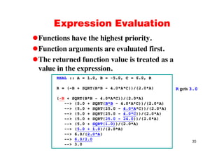 Expression EvaluationExpression Evaluation
Functions have the highest priority.
Function arguments are evaluated first.
The returned function value is treated as aThe returned function value is treated as a
value in the expression.
REAL :: A = 1.0, B = -5.0, C = 6.0, RREAL :: A 1.0, B 5.0, C 6.0, R
R = (-B + SQRT(B*B - 4.0*A*C))/(2.0*A)
/
R gets 3.0
(-B + SQRT(B*B - 4.0*A*C))/(2.0*A)
--> (5.0 + SQRT(B*B - 4.0*A*C))/(2.0*A)
--> (5.0 + SQRT(25.0 - 4.0*A*C))/(2.0*A)
--> (5.0 + SQRT(25.0 - 4.0*C))/(2.0*A)(5.0 SQRT(25.0 4.0 C))/(2.0 A)
--> (5.0 + SQRT(25.0 - 24.0))/(2.0*A)
--> (5.0 + SQRT(1.0))/(2.0*A)
--> (5.0 + 1.0)/(2.0*A)
6 0/(2 0* )
35
--> 6.0/(2.0*A)
--> 6.0/2.0
--> 3.0
 