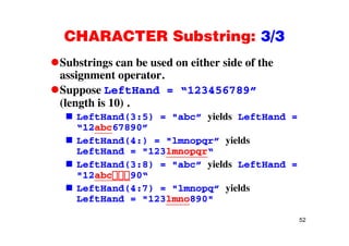 CHARACTER Substring: 3/3CHARACTER Substring: 3/3
Substrings can be used on either side of theg
assignment operator.
Suppose LeftHand = “123456789”pp
(length is 10) .
LeftHand(3:5) = "abc” yields LeftHand =
“12abc67890”
LeftHand(4:) = "lmnopqr” yields
LeftHand = "123lmnopqr“LeftHand = "123lmnopqr“
LeftHand(3:8) = "abc” yields LeftHand =
"12abc 90“
LeftHand(4:7) = "lmnopq” yields
LeftHand = "123lmno890"
52
 