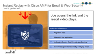 Joe opens the link and the
resort video plays.
Instant Replay with Cisco AMP for Email & Web Security
DURING
Joe is protected
How Cisco Protects You
Isolates unknown files through sandboxing
Evaluates file reputation
Registers files
 