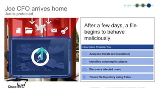 After a few days, a file
begins to behave
maliciously.
Joe CFO arrives home
AFTER
Joe is protected
How Cisco Protects You
Identifies polymorphic attacks
Discovers patient zero and zero +1
Analyzes threats retrospectively
 