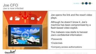 DURING
Joe CFO
Joe is now infected
Joe opens the link and the resort video
plays.
Although he doesn’t know it, Joe’s
machine has been compromised by a
flash-based video exploit.
The malware now starts to harvest
Joe’s confidential information:
•Passwords
•Credentials
•Company access authorizations
 