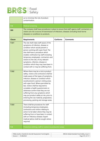 F904a Auditor Checklist & Site Self-Assessment Tool (English) BRCGS Global Standard Food Safety, Issue 9
Version 1 01/08/2022 Page 101 of 117
as to minimise the risk of product
contamination.
7.3 Medical screening
SOI
The company shall have procedures in place to ensure that staff, agency staff, contractors or
visitors are not a source of transmission of infections, diseases (including food-borne
diseases) or conditions to products.
Clause Requirements Conforms Comments
7.3.1 The site shall make staff aware of the
symptoms of infection, disease or
condition which would prevent a
person working with open food. The
site shall have a procedure which
enables notification by staff (including
temporary employees), contractors and
visitors to the site, of any relevant
symptoms, infection, disease or
condition which they may have been in
contact with or may be suffering from.
7.3.2 Where there may be a risk to product
safety, visitors and contractors shall be
made aware of the types of symptoms,
infection, disease or condition which
would prevent a person visiting areas
with open food. Where permitted by
law, visitors shall be required to
complete a health questionnaire or
otherwise confirm that they are not
suffering from any symptoms which
may put product safety at risk, prior to
entering the raw material, preparation,
processing, packing and storage areas.
7.3.3 There shall be procedures for staff
(including temporary employees),
contractors and visitors relating to
action to be taken where they may be
suffering from or have been in contact
with an infectious disease. Expert
medical advice shall be sought where
required.
7.4 Protective clothing: staff or visitors to production areas
 