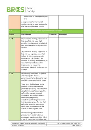 F904a Auditor Checklist & Site Self-Assessment Tool (English) BRCGS Global Standard Food Safety, Issue 9
Version 1 01/08/2022 Page 108 of 117
introduction of pathogens into the
area.
A programme of environmental
monitoring shall be used to assess the
effectiveness of footwear controls.
8.5 Housekeeping and hygiene in high-risk and high-care zones
Clause Requirements Conforms Comments
8.5.1 Environmental cleaning procedures in
high-care/high-risk areas shall
consider the different microbiological
risks associated with each production
risk zone.
At a minimum, cleaning procedures in
high-risk and high-care areas shall
include all of the requirements in
clause 4.11.2. The frequency and
methods of cleaning shall be based on
risk, and the procedures shall be
implemented to ensure that
appropriate standards of cleaning are
achieved.
8.5.2 Microbiological limits for acceptable
and unacceptable cleaning
performance shall be defined for high-
risk/high-care production risk zones.
These limits shall be based on the
potential hazards relevant to the
product or processing area. Therefore,
acceptable levels of cleaning shall be
defined, for example, by visual
appearance, ATP bioluminescence
techniques (see glossary),
microbiological testing or chemical
testing as appropriate. The site shall
define the corrective action to be
taken when monitored results are
outside of the acceptable limits.
Where cleaning and disinfection
procedures are part of a defined
prerequisite plan to control the risk of
a specific hazard, the procedures and
 