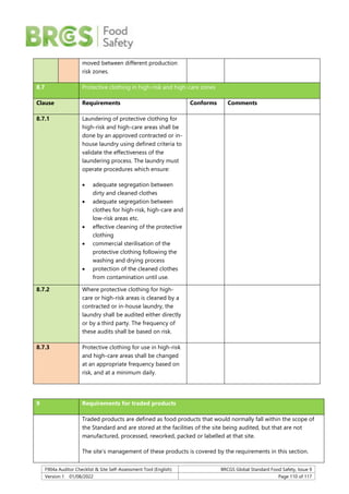 F904a Auditor Checklist & Site Self-Assessment Tool (English) BRCGS Global Standard Food Safety, Issue 9
Version 1 01/08/2022 Page 110 of 117
moved between different production
risk zones.
8.7 Protective clothing in high-risk and high-care zones
Clause Requirements Conforms Comments
8.7.1 Laundering of protective clothing for
high-risk and high-care areas shall be
done by an approved contracted or in-
house laundry using defined criteria to
validate the effectiveness of the
laundering process. The laundry must
operate procedures which ensure:
 adequate segregation between
dirty and cleaned clothes
 adequate segregation between
clothes for high-risk, high-care and
low-risk areas etc.
 effective cleaning of the protective
clothing
 commercial sterilisation of the
protective clothing following the
washing and drying process
 protection of the cleaned clothes
from contamination until use.
8.7.2 Where protective clothing for high-
care or high-risk areas is cleaned by a
contracted or in-house laundry, the
laundry shall be audited either directly
or by a third party. The frequency of
these audits shall be based on risk.
8.7.3 Protective clothing for use in high-risk
and high-care areas shall be changed
at an appropriate frequency based on
risk, and at a minimum daily.
9 Requirements for traded products
Traded products are defined as food products that would normally fall within the scope of
the Standard and are stored at the facilities of the site being audited, but that are not
manufactured, processed, reworked, packed or labelled at that site.
The site’s management of these products is covered by the requirements in this section.
 