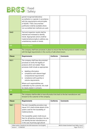 F904a Auditor Checklist & Site Self-Assessment Tool (English) BRCGS Global Standard Food Safety, Issue 9
Version 1 01/08/2022 Page 116 of 117
gained recognised laboratory
accreditation or operate in accordance
with the requirements and principles
of ISO/IEC 17025. Documented
justification shall be available where
non-accredited test methods are used.
9.4.5 Test and inspection results shall be
retained and reviewed to identify
trends. Appropriate actions shall be
implemented promptly to address any
unsatisfactory results or trends.
9.5 Product legality
SOI The company shall have processes in place to ensure that the food products traded comply
with the legal requirements in the country of sale where known.
Clause Requirements Conforms Comments
9.5.1 The company shall have documented
processes to verify the legality of
products which are traded. These
processes shall include as appropriate:
 labelling information
 compliance with relevant legal
compositional requirements
 compliance with quantity or
volume requirements.
Where such responsibilities are
undertaken by the customer, this shall
be clearly stated in contracts.
9.6 Traceability
SOI The company shall be able to trace all product lots back to the last manufacturer and
forward to the customer of the company.
Clause Requirements Conforms Comments
9.6.1 The site’s traceability procedure (see
clause 3.9.1) shall include details of the
system used for the traceability of
traded products.
The traceability system shall ensure
that, for all batches of product, the site
can identify the last manufacturer or,
in the case of primary agricultural
 