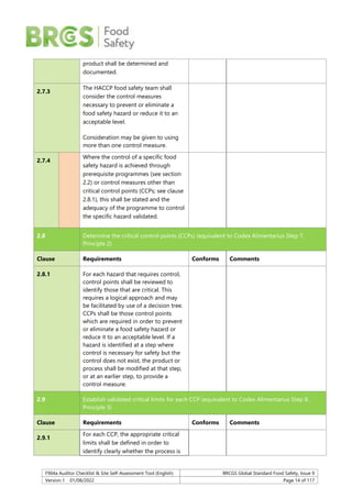 F904a Auditor Checklist & Site Self-Assessment Tool (English) BRCGS Global Standard Food Safety, Issue 9
Version 1 01/08/2022 Page 14 of 117
product shall be determined and
documented.
2.7.3
The HACCP food safety team shall
consider the control measures
necessary to prevent or eliminate a
food safety hazard or reduce it to an
acceptable level.
Consideration may be given to using
more than one control measure.
2.7.4
Where the control of a specific food
safety hazard is achieved through
prerequisite programmes (see section
2.2) or control measures other than
critical control points (CCPs; see clause
2.8.1), this shall be stated and the
adequacy of the programme to control
the specific hazard validated.
2.8 Determine the critical control points (CCPs) (equivalent to Codex Alimentarius Step 7,
Principle 2)
Clause Requirements Conforms Comments
2.8.1 For each hazard that requires control,
control points shall be reviewed to
identify those that are critical. This
requires a logical approach and may
be facilitated by use of a decision tree.
CCPs shall be those control points
which are required in order to prevent
or eliminate a food safety hazard or
reduce it to an acceptable level. If a
hazard is identified at a step where
control is necessary for safety but the
control does not exist, the product or
process shall be modified at that step,
or at an earlier step, to provide a
control measure.
2.9 Establish validated critical limits for each CCP (equivalent to Codex Alimentarius Step 8,
Principle 3)
Clause Requirements Conforms Comments
2.9.1
For each CCP, the appropriate critical
limits shall be defined in order to
identify clearly whether the process is
 