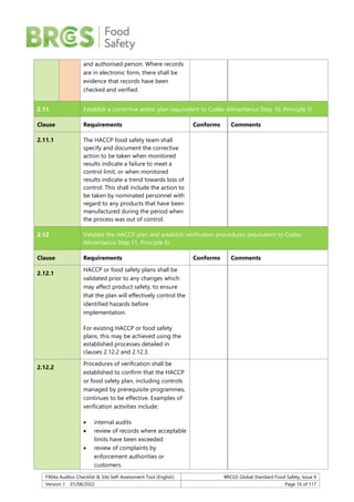F904a Auditor Checklist & Site Self-Assessment Tool (English) BRCGS Global Standard Food Safety, Issue 9
Version 1 01/08/2022 Page 16 of 117
and authorised person. Where records
are in electronic form, there shall be
evidence that records have been
checked and verified.
2.11 Establish a corrective action plan (equivalent to Codex Alimentarius Step 10, Principle 5)
Clause Requirements Conforms Comments
2.11.1 The HACCP food safety team shall
specify and document the corrective
action to be taken when monitored
results indicate a failure to meet a
control limit, or when monitored
results indicate a trend towards loss of
control. This shall include the action to
be taken by nominated personnel with
regard to any products that have been
manufactured during the period when
the process was out of control.
2.12 Validate the HACCP plan and establish verification procedures (equivalent to Codex
Alimentarius Step 11, Principle 6)
Clause Requirements Conforms Comments
2.12.1
HACCP or food safety plans shall be
validated prior to any changes which
may affect product safety, to ensure
that the plan will effectively control the
identified hazards before
implementation.
For existing HACCP or food safety
plans, this may be achieved using the
established processes detailed in
clauses 2.12.2 and 2.12.3.
2.12.2
Procedures of verification shall be
established to confirm that the HACCP
or food safety plan, including controls
managed by prerequisite programmes,
continues to be effective. Examples of
verification activities include:
 internal audits
 review of records where acceptable
limits have been exceeded
 review of complaints by
enforcement authorities or
customers
 