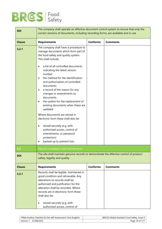 F904a Auditor Checklist & Site Self-Assessment Tool (English) BRCGS Global Standard Food Safety, Issue 9
Version 1 01/08/2022 Page 19 of 117
SOI
The company shall operate an effective document control system to ensure that only the
correct versions of documents, including recording forms, are available and in use.
Clause Requirements Conforms Comments
3.2.1
The company shall have a procedure to
manage documents which form part of
the food safety and quality system.
This shall include:
 a list of all controlled documents
indicating the latest version
number
 the method for the identification
and authorisation of controlled
documents
 a record of the reason for any
changes or amendments to
documents
 the system for the replacement of
existing documents when these are
updated.
Where documents are stored in
electronic form these shall also be:
 stored securely (e.g. with
authorised access, control of
amendments, or password
protection)
 backed up to prevent loss.
3.3 Record completion and maintenance
SOI
The site shall maintain genuine records to demonstrate the effective control of product
safety, legality and quality.
Clause Requirements Conforms Comments
3.3.1
Records shall be legible, maintained in
good condition and retrievable. Any
alterations to records shall be
authorised and justification for the
alteration shall be recorded. Where
records are in electronic form these
shall also be:
 stored securely (e.g. with
authorised access, control of
 