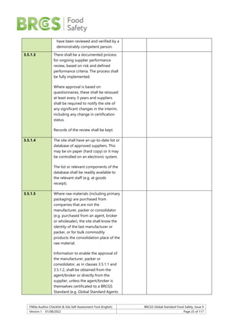 F904a Auditor Checklist & Site Self-Assessment Tool (English) BRCGS Global Standard Food Safety, Issue 9
Version 1 01/08/2022 Page 25 of 117
have been reviewed and verified by a
demonstrably competent person.
3.5.1.3 There shall be a documented process
for ongoing supplier performance
review, based on risk and defined
performance criteria. The process shall
be fully implemented.
Where approval is based on
questionnaires, these shall be reissued
at least every 3 years and suppliers
shall be required to notify the site of
any significant changes in the interim,
including any change in certification
status.
Records of the review shall be kept.
3.5.1.4 The site shall have an up-to-date list or
database of approved suppliers. This
may be on paper (hard copy) or it may
be controlled on an electronic system.
The list or relevant components of the
database shall be readily available to
the relevant staff (e.g. at goods
receipt).
3.5.1.5 Where raw materials (including primary
packaging) are purchased from
companies that are not the
manufacturer, packer or consolidator
(e.g. purchased from an agent, broker
or wholesaler), the site shall know the
identity of the last manufacturer or
packer, or for bulk commodity
products the consolidation place of the
raw material.
Information to enable the approval of
the manufacturer, packer or
consolidator, as in clauses 3.5.1.1 and
3.5.1.2, shall be obtained from the
agent/broker or directly from the
supplier, unless the agent/broker is
themselves certificated to a BRCGS
Standard (e.g. Global Standard Agents
 