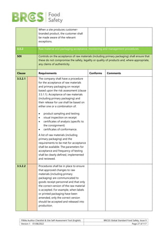 F904a Auditor Checklist & Site Self-Assessment Tool (English) BRCGS Global Standard Food Safety, Issue 9
Version 1 01/08/2022 Page 27 of 117
When a site produces customer-
branded product, the customer shall
be made aware of the relevant
exceptions.
3.5.2 Raw material and packaging acceptance, monitoring and management procedures
SOI Controls on the acceptance of raw materials (including primary packaging) shall ensure that
these do not compromise the safety, legality or quality of products and, where appropriate,
any claims of authenticity.
Clause Requirements Conforms Comments
3.5.2.1 The company shall have a procedure
for the acceptance of raw materials
and primary packaging on receipt
based upon the risk assessment (clause
3.5.1.1). Acceptance of raw materials
(including primary packaging) and
their release for use shall be based on
either one or a combination of:
 product sampling and testing
 visual inspection on receipt
 certificates of analysis (specific to
the consignment)
 certificates of conformance.
A list of raw materials (including
primary packaging) and the
requirements to be met for acceptance
shall be available. The parameters for
acceptance and frequency of testing
shall be clearly defined, implemented
and reviewed.
3.5.2.2 Procedures shall be in place to ensure
that approved changes to raw
materials (including primary
packaging) are communicated to
goods receipt personnel and that only
the correct version of the raw material
is accepted. For example, when labels
or printed packaging have been
amended, only the correct version
should be accepted and released into
production.
 