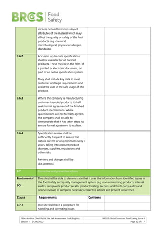 F904a Auditor Checklist & Site Self-Assessment Tool (English) BRCGS Global Standard Food Safety, Issue 9
Version 1 01/08/2022 Page 32 of 117
include defined limits for relevant
attributes of the material which may
affect the quality or safety of the final
products (e.g. chemical,
microbiological, physical or allergen
standards).
3.6.2 Accurate, up-to-date specifications
shall be available for all finished
products. These may be in the form of
a printed or electronic document, or
part of an online specification system.
They shall include key data to meet
customer and legal requirements and
assist the user in the safe usage of the
product.
3.6.3 Where the company is manufacturing
customer-branded products, it shall
seek formal agreement of the finished
product specifications. Where
specifications are not formally agreed,
the company shall be able to
demonstrate that it has taken steps to
ensure formal agreement is in place.
3.6.4 Specification review shall be
sufficiently frequent to ensure that
data is current or at a minimum every 3
years, taking into account product
changes, suppliers, regulations and
other risks.
Reviews and changes shall be
documented.
3.7 Corrective and preventive actions
Fundamental
SOI
The site shall be able to demonstrate that it uses the information from identified issues in
the food safety and quality management system (e.g. non-conforming products, internal
audits, complaints, product recalls, product testing, second- and third-party audits and
online reviews) to complete necessary corrective actions and prevent recurrence.
Clause Requirements Conforms
3.7.1 The site shall have a procedure for
handling and correcting issues
 