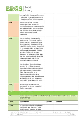 F904a Auditor Checklist & Site Self-Assessment Tool (English) BRCGS Global Standard Food Safety, Issue 9
Version 1 01/08/2022 Page 35 of 117
Where applicable, the traceability system
shall meet the legal requirements in
the country of sale or intended use.
3.9.2 Identification of raw materials
(including primary packaging),
intermediate/semi-processed products,
part-used materials, finished products
and materials pending investigation
shall be adequate to ensure
traceability.
3.9.3 The site shall test the traceability
system across the range of product
groups to ensure traceability can be
determined from the supplier of raw
material (including primary packaging)
to the finished product and vice versa.
For food raw materials and finished
products (i.e. including printed
packaging and labels with food safety
and legal information), the test of the
traceability system shall include a
quantity check/mass balance.
The traceability test shall include a
summary of the documents that
should be referenced during the test,
and clearly show the links between
them. The test shall occur at a
predetermined frequency, at a
minimum annually, and results shall be
retained for inspection. Traceability
should be achievable within 4 hours.
3.9.4 Where rework or any reworking
operation is performed, traceability
shall be maintained.
3.10 Complaint-handling
SOI Customer complaints shall be handled effectively and information used to reduce recurring
complaint levels.
Clause Requirements Conforms Comments
3.10.1 All complaints shall be recorded and
investigated, and the results of the
investigation of the issue recorded
 