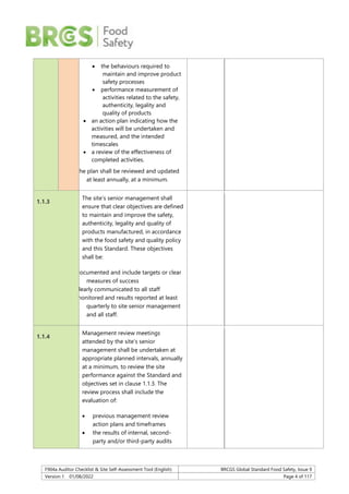 F904a Auditor Checklist & Site Self-Assessment Tool (English) BRCGS Global Standard Food Safety, Issue 9
Version 1 01/08/2022 Page 4 of 117
 the behaviours required to
maintain and improve product
safety processes
 performance measurement of
activities related to the safety,
authenticity, legality and
quality of products
 an action plan indicating how the
activities will be undertaken and
measured, and the intended
timescales
 a review of the effectiveness of
completed activities.
The plan shall be reviewed and updated
at least annually, at a minimum.
1.1.3
The site’s senior management shall
ensure that clear objectives are defined
to maintain and improve the safety,
authenticity, legality and quality of
products manufactured, in accordance
with the food safety and quality policy
and this Standard. These objectives
shall be:
documented and include targets or clear
measures of success
clearly communicated to all staff
monitored and results reported at least
quarterly to site senior management
and all staff.
1.1.4
Management review meetings
attended by the site’s senior
management shall be undertaken at
appropriate planned intervals, annually
at a minimum, to review the site
performance against the Standard and
objectives set in clause 1.1.3. The
review process shall include the
evaluation of:
 previous management review
action plans and timeframes
 the results of internal, second-
party and/or third-party audits
 