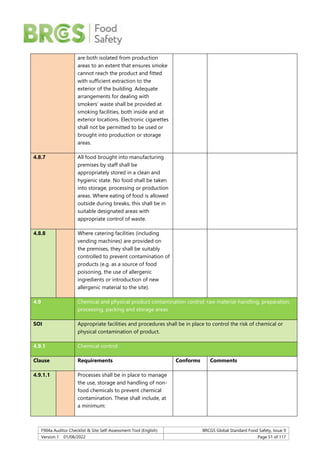 F904a Auditor Checklist & Site Self-Assessment Tool (English) BRCGS Global Standard Food Safety, Issue 9
Version 1 01/08/2022 Page 51 of 117
are both isolated from production
areas to an extent that ensures smoke
cannot reach the product and fitted
with sufficient extraction to the
exterior of the building. Adequate
arrangements for dealing with
smokers’ waste shall be provided at
smoking facilities, both inside and at
exterior locations. Electronic cigarettes
shall not be permitted to be used or
brought into production or storage
areas.
4.8.7 All food brought into manufacturing
premises by staff shall be
appropriately stored in a clean and
hygienic state. No food shall be taken
into storage, processing or production
areas. Where eating of food is allowed
outside during breaks, this shall be in
suitable designated areas with
appropriate control of waste.
4.8.8 Where catering facilities (including
vending machines) are provided on
the premises, they shall be suitably
controlled to prevent contamination of
products (e.g. as a source of food
poisoning, the use of allergenic
ingredients or introduction of new
allergenic material to the site).
4.9 Chemical and physical product contamination control: raw material-handling, preparation,
processing, packing and storage areas
SOI Appropriate facilities and procedures shall be in place to control the risk of chemical or
physical contamination of product.
4.9.1 Chemical control
Clause Requirements Conforms Comments
4.9.1.1 Processes shall be in place to manage
the use, storage and handling of non-
food chemicals to prevent chemical
contamination. These shall include, at
a minimum:
 