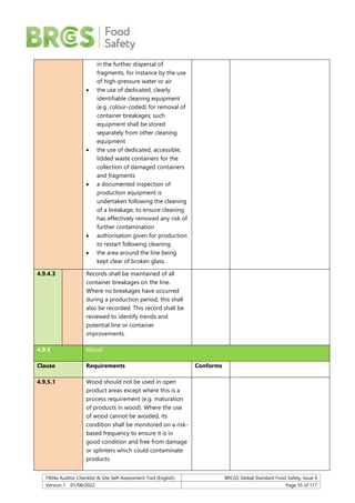 F904a Auditor Checklist & Site Self-Assessment Tool (English) BRCGS Global Standard Food Safety, Issue 9
Version 1 01/08/2022 Page 55 of 117
in the further dispersal of
fragments, for instance by the use
of high-pressure water or air
 the use of dedicated, clearly
identifiable cleaning equipment
(e.g. colour-coded) for removal of
container breakages; such
equipment shall be stored
separately from other cleaning
equipment
 the use of dedicated, accessible,
lidded waste containers for the
collection of damaged containers
and fragments
 a documented inspection of
production equipment is
undertaken following the cleaning
of a breakage, to ensure cleaning
has effectively removed any risk of
further contamination
 authorisation given for production
to restart following cleaning
 the area around the line being
kept clear of broken glass.
4.9.4.3 Records shall be maintained of all
container breakages on the line.
Where no breakages have occurred
during a production period, this shall
also be recorded. This record shall be
reviewed to identify trends and
potential line or container
improvements.
4.9.5 Wood
Clause Requirements Conforms
4.9.5.1 Wood should not be used in open
product areas except where this is a
process requirement (e.g. maturation
of products in wood). Where the use
of wood cannot be avoided, its
condition shall be monitored on a risk-
based frequency to ensure it is in
good condition and free from damage
or splinters which could contaminate
products.
 