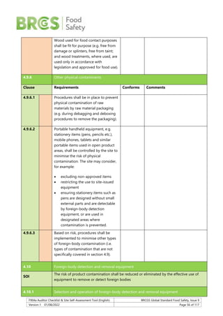 F904a Auditor Checklist & Site Self-Assessment Tool (English) BRCGS Global Standard Food Safety, Issue 9
Version 1 01/08/2022 Page 56 of 117
Wood used for food contact purposes
shall be fit for purpose (e.g. free from
damage or splinters, free from taint;
and wood treatments, where used, are
used only in accordance with
legislation and approved for food use).
4.9.6 Other physical contaminants
Clause Requirements Conforms Comments
4.9.6.1 Procedures shall be in place to prevent
physical contamination of raw
materials by raw material packaging
(e.g. during debagging and deboxing
procedures to remove the packaging).
4.9.6.2 Portable handheld equipment, e.g.
stationery items (pens, pencils etc.),
mobile phones, tablets and similar
portable items used in open product
areas, shall be controlled by the site to
minimise the risk of physical
contamination. The site may consider,
for example:
 excluding non-approved items
 restricting the use to site-issued
equipment
 ensuring stationery items such as
pens are designed without small
external parts and are detectable
by foreign-body detection
equipment, or are used in
designated areas where
contamination is prevented.
4.9.6.3 Based on risk, procedures shall be
implemented to minimise other types
of foreign-body contamination (i.e.
types of contamination that are not
specifically covered in section 4.9).
4.10 Foreign-body detection and removal equipment
SOI
The risk of product contamination shall be reduced or eliminated by the effective use of
equipment to remove or detect foreign bodies
4.10.1 Selection and operation of foreign-body detection and removal equipment
 