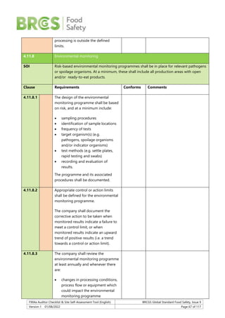 F904a Auditor Checklist & Site Self-Assessment Tool (English) BRCGS Global Standard Food Safety, Issue 9
Version 1 01/08/2022 Page 67 of 117
processing is outside the defined
limits.
4.11.8 Environmental monitoring
SOI Risk-based environmental monitoring programmes shall be in place for relevant pathogens
or spoilage organisms. At a minimum, these shall include all production areas with open
and/or ready-to-eat products.
Clause Requirements Conforms Comments
4.11.8.1 The design of the environmental
monitoring programme shall be based
on risk, and at a minimum include:
 sampling procedures
 identification of sample locations
 frequency of tests
 target organism(s) (e.g.
pathogens, spoilage organisms
and/or indicator organisms)
 test methods (e.g. settle plates,
rapid testing and swabs)
 recording and evaluation of
results.
The programme and its associated
procedures shall be documented.
4.11.8.2 Appropriate control or action limits
shall be defined for the environmental
monitoring programme.
The company shall document the
corrective action to be taken when
monitored results indicate a failure to
meet a control limit, or when
monitored results indicate an upward
trend of positive results (i.e. a trend
towards a control or action limit).
4.11.8.3 The company shall review the
environmental monitoring programme
at least annually and whenever there
are:
 changes in processing conditions,
process flow or equipment which
could impact the environmental
monitoring programme
 